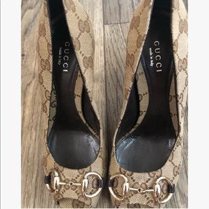 Gucci Horsebit Monogram Peep Toe Pumps